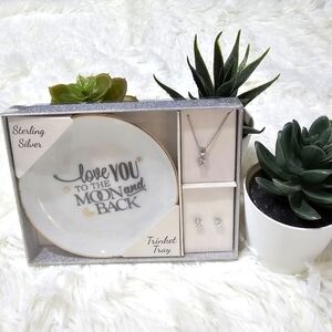 Sterling Silver Necklace and Earring with Trinket Tray Gift Set